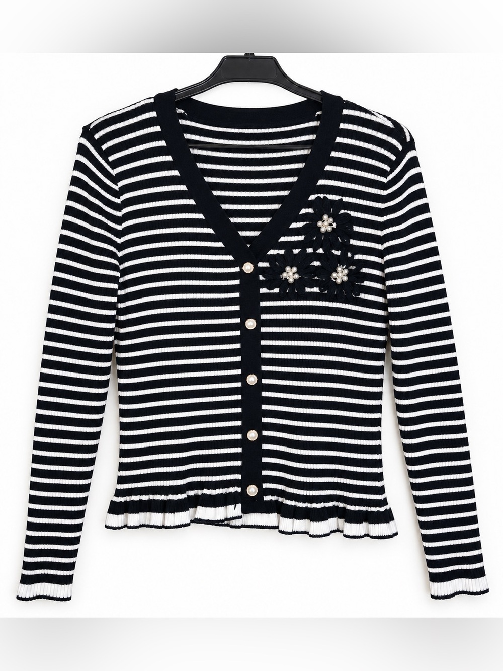 Nanette Nanette Lepore Black White Striped Floral Pearl Cardigan Women’s L